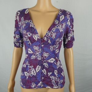 Free People Hollywood Top Deep V Neck Button Front Floral Boho Purple Small